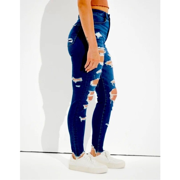 American Eagle Outfitters Denim - American Eagle Outfitters High Rise Distressed Jeans - Dark Blue